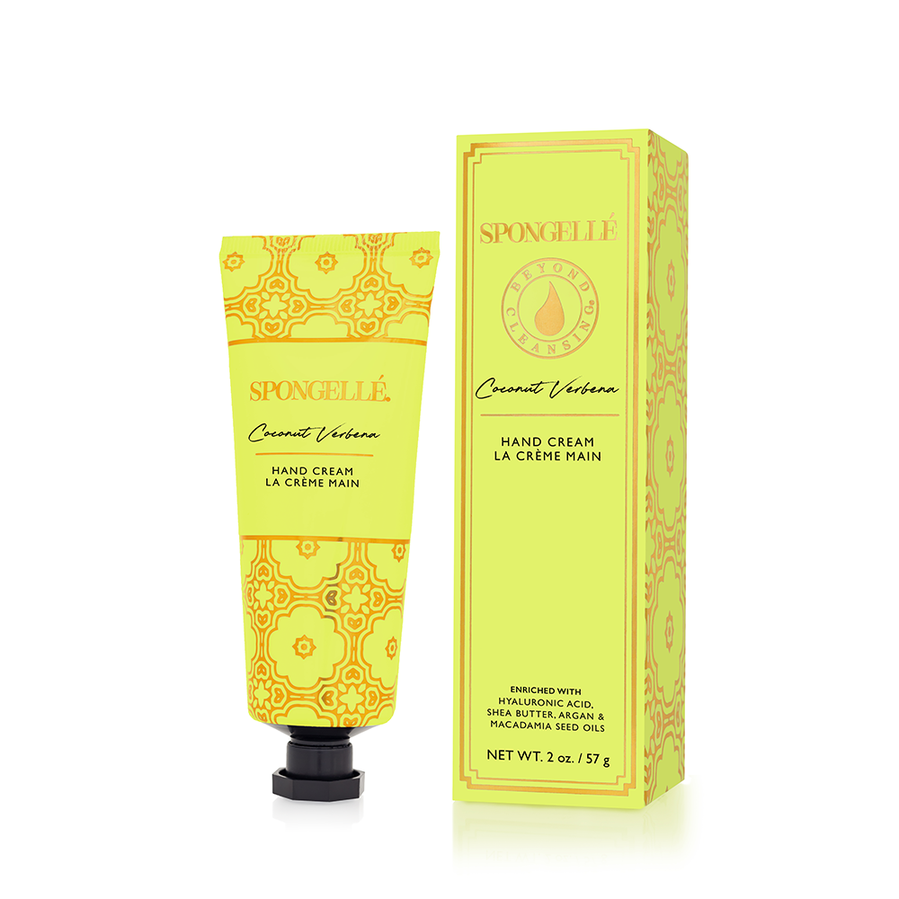 Spongellé Coconut Verbena hand cream in a tube, displayed alongside its packaging, showcasing a tropical coconut and verbena scent.