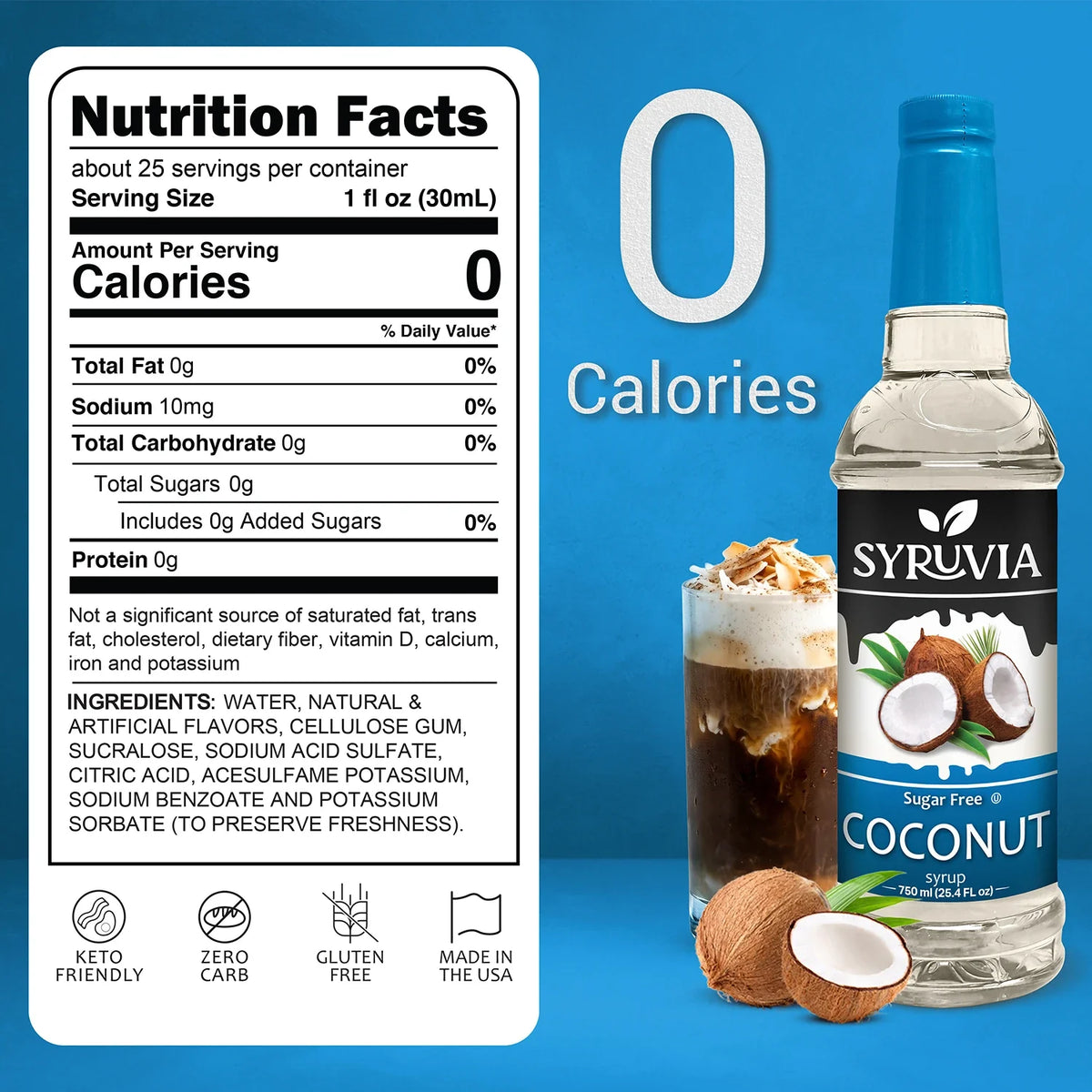 Sweet sugar-free coconut syrup by Syruvia in a clear glass bottle with a coconut-themed label.