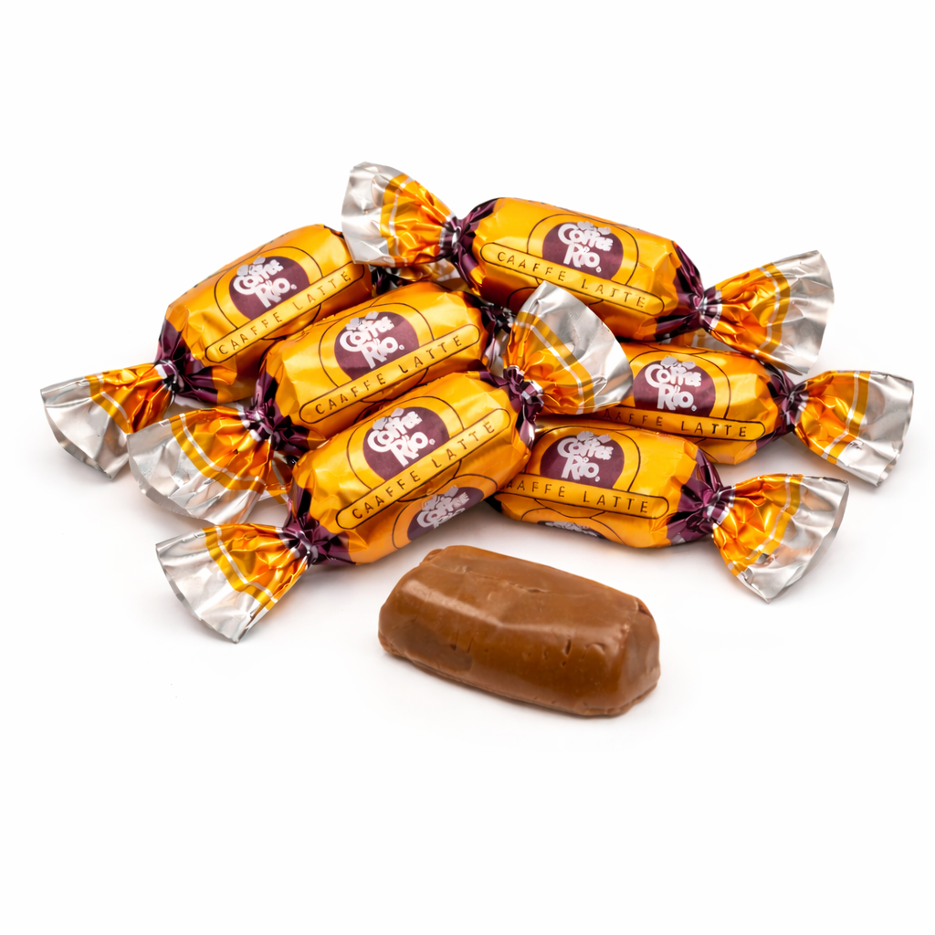 Assorted Coffee Rio Caffe Latte hard candies in a bulk value bag, showcasing glossy coffee-flavored candies from Candy In Bulk.