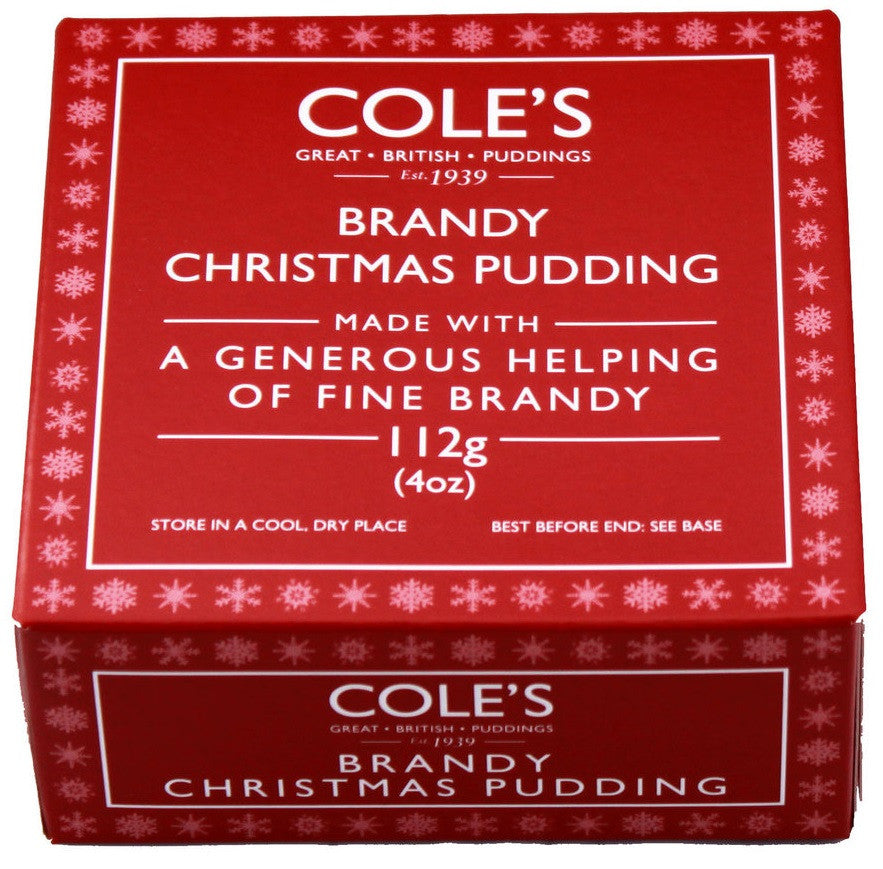 Coles Brandy Christmas Pudding 112g, traditional holiday dessert with rich fruit and brandy flavor, topped with festive decorations.