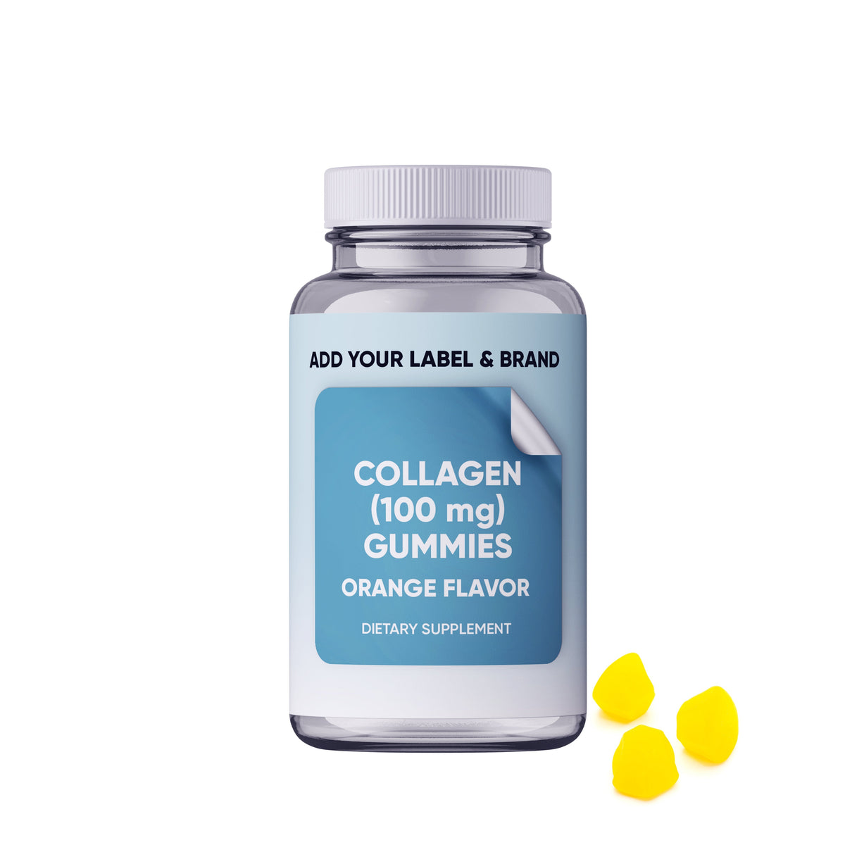 Tapioca collagen gummies by Your Label showing a close-up of the chewy, transparent gummies with collagen ingredients.