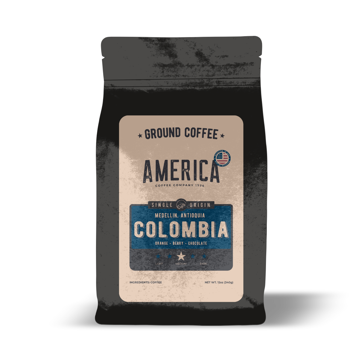 Ground Colombia single origin coffee by America Supply Company LLC, showing fresh roasted coffee grounds in a clear bag.
