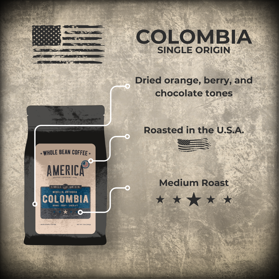 Colombia single origin coffee beans from America Supply Company LLC, showcasing the coffee product and packaging details.
