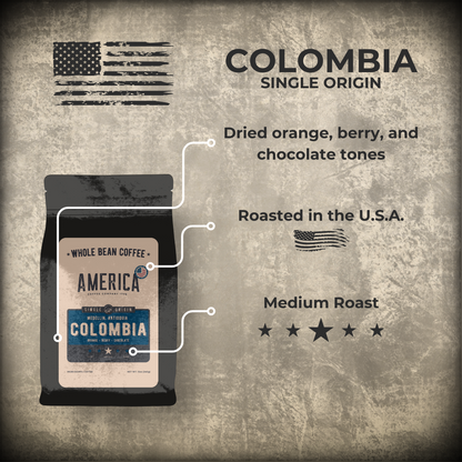 Colombia single origin coffee beans from America Supply Company LLC, showcasing the coffee product and packaging details.