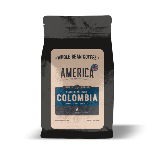 Whole Colombia single origin coffee beans from America Supply Company LLC shown in the image.