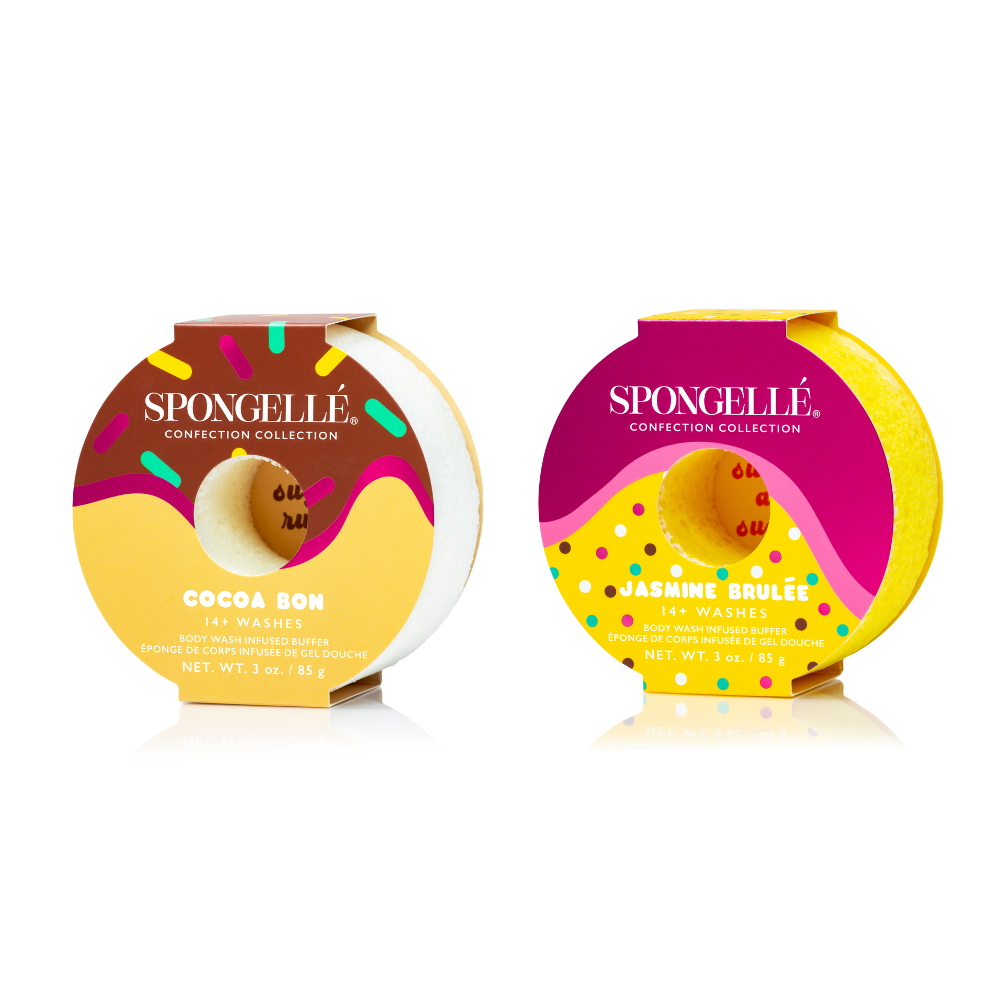 Spongellé Cocoa Bon & Jasmine Brûlée body buffer set with infused body wash, featuring lush cocoa and jasmine scents.