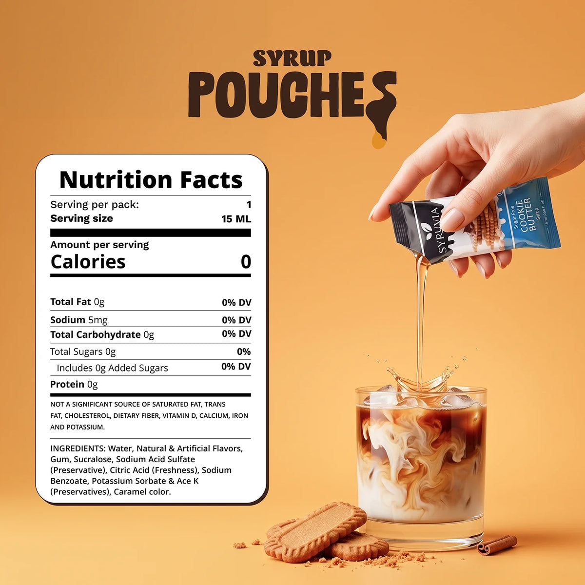 Syruvia Sugar Free Cookie Butter Syrup pouch showing golden caramel-colored syrup in a flexible packet.