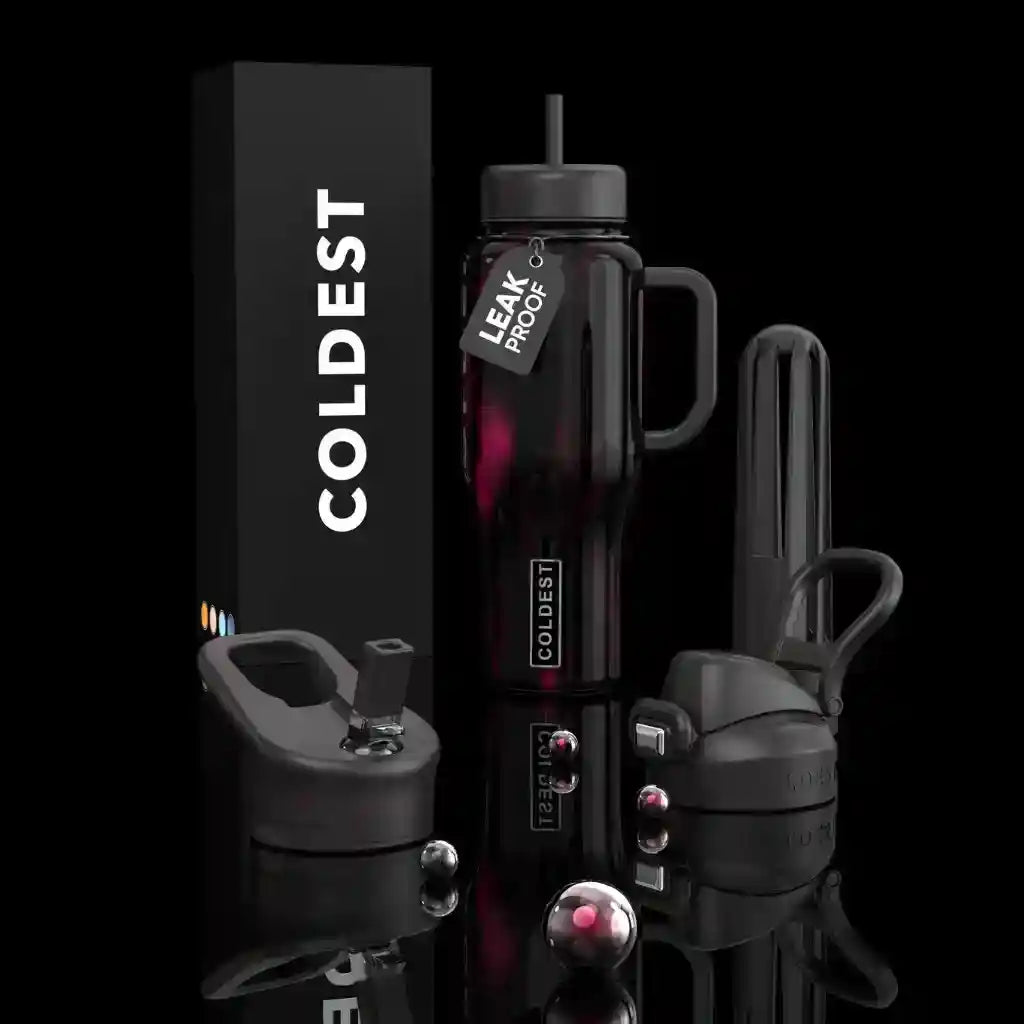 Coldest Limitless Ultra v8 24oz insulated tumbler with sleek design, stainless steel body, and spill-proof lid for hot and cold beverages.