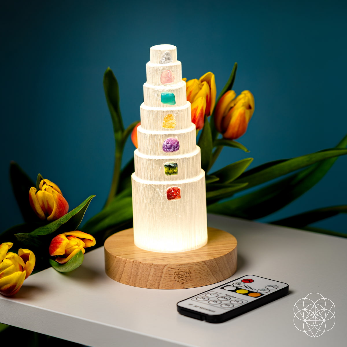 Night light called The Stress Shield Lamp with 7 healing stones, designed to promote relaxation and energy balance.