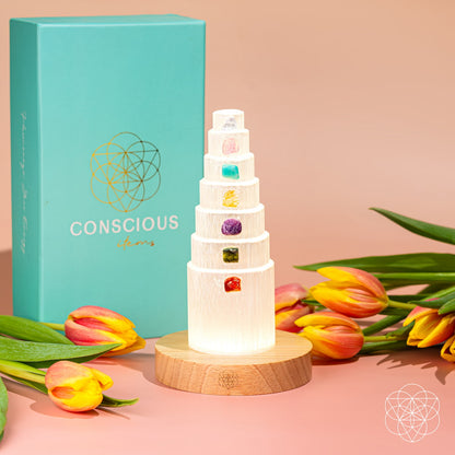 Night light featuring The Stress Shield Lamp with 7 healing stones, designed for calming and relaxation by Conscious Items.