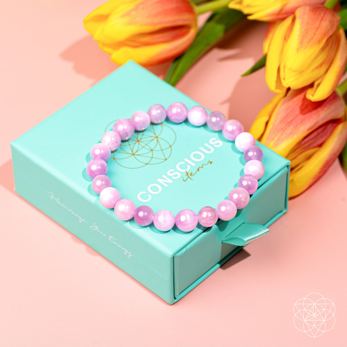 Pink Kunzite bracelet from Conscious Items featuring a delicate, pink gemstone design on a sleek bracelet band.