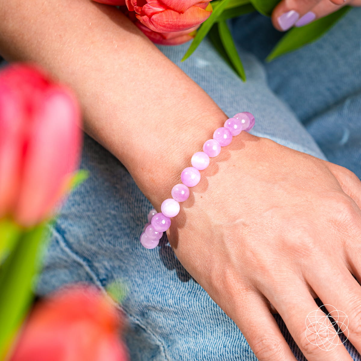 Pink Kunzite bracelet from Conscious Items featuring a delicate, vibrant pink gemstone design for spiritual healing and emotional balance.
