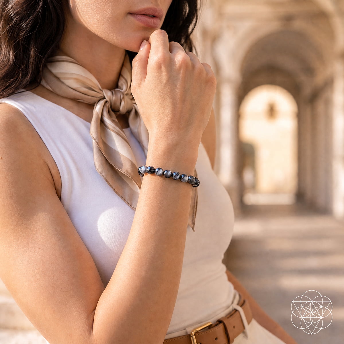 Black moonstone bracelet from Conscious Items' The Empath’s Cord Cutter collection, featuring a sleek, polished design.