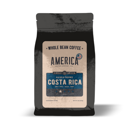 Whole Costa Rica single origin coffee beans from America Supply Company LLC, showcasing fresh, roasted coffee beans.