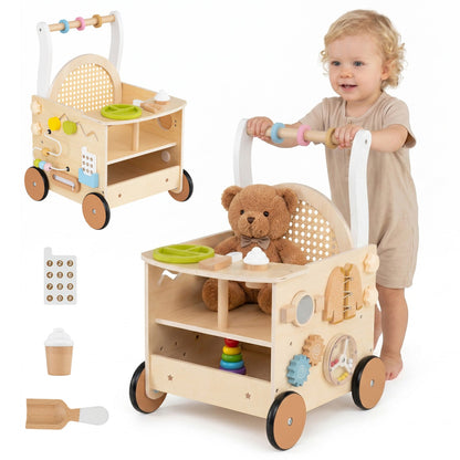 Wooden Baby Push Walker 13-in-1 activity center with storage by GBruno Store, featuring colorful interactive elements and sturdy wooden frame.