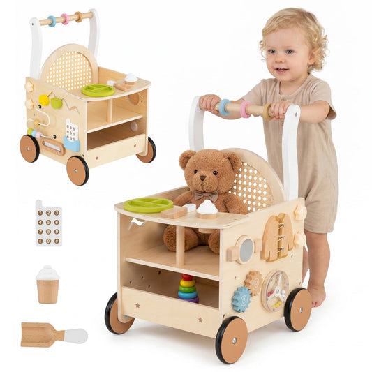 Wooden Baby Push Walker 13-in-1 activity center with storage by GBruno Store, featuring colorful interactive elements and sturdy wooden frame.