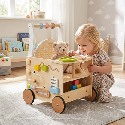 Wooden baby push walker with 13-in-1 activity center and storage, designed for early walking and play development.