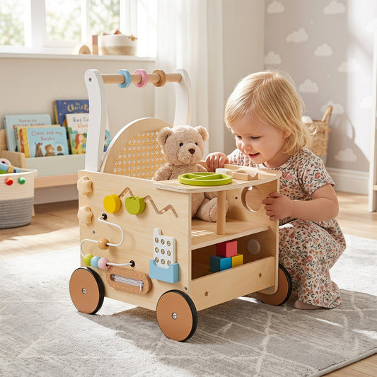 Wooden baby push walker with 13-in-1 activity center and storage, designed for early walking and play development.