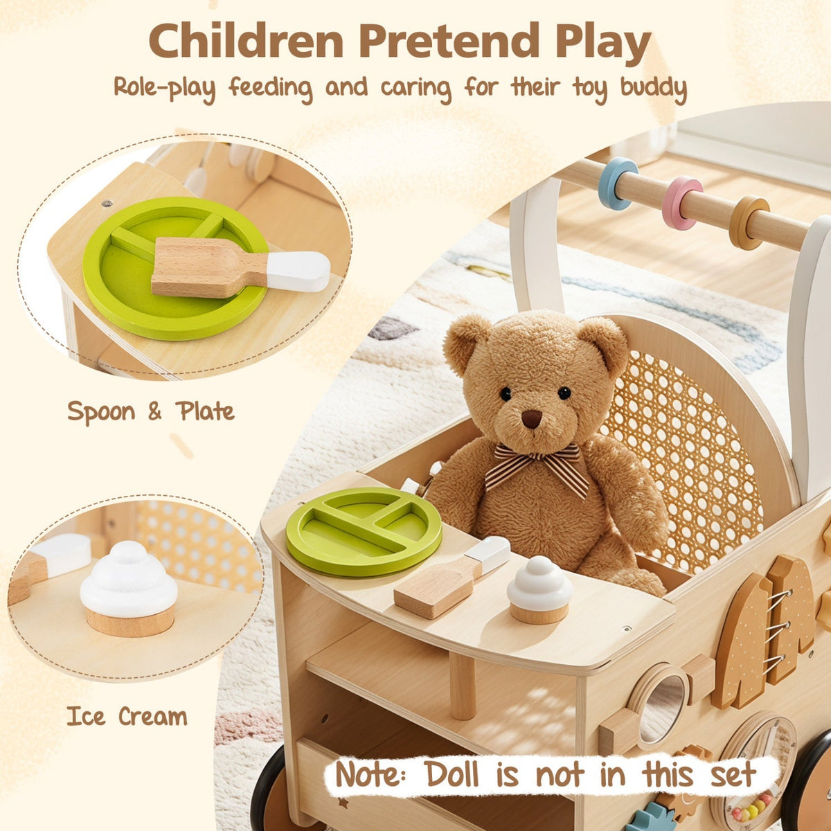 Wooden baby push walker with 13-in-1 activity center and storage by GBruno Store, featuring colorful toys and sturdy handles.