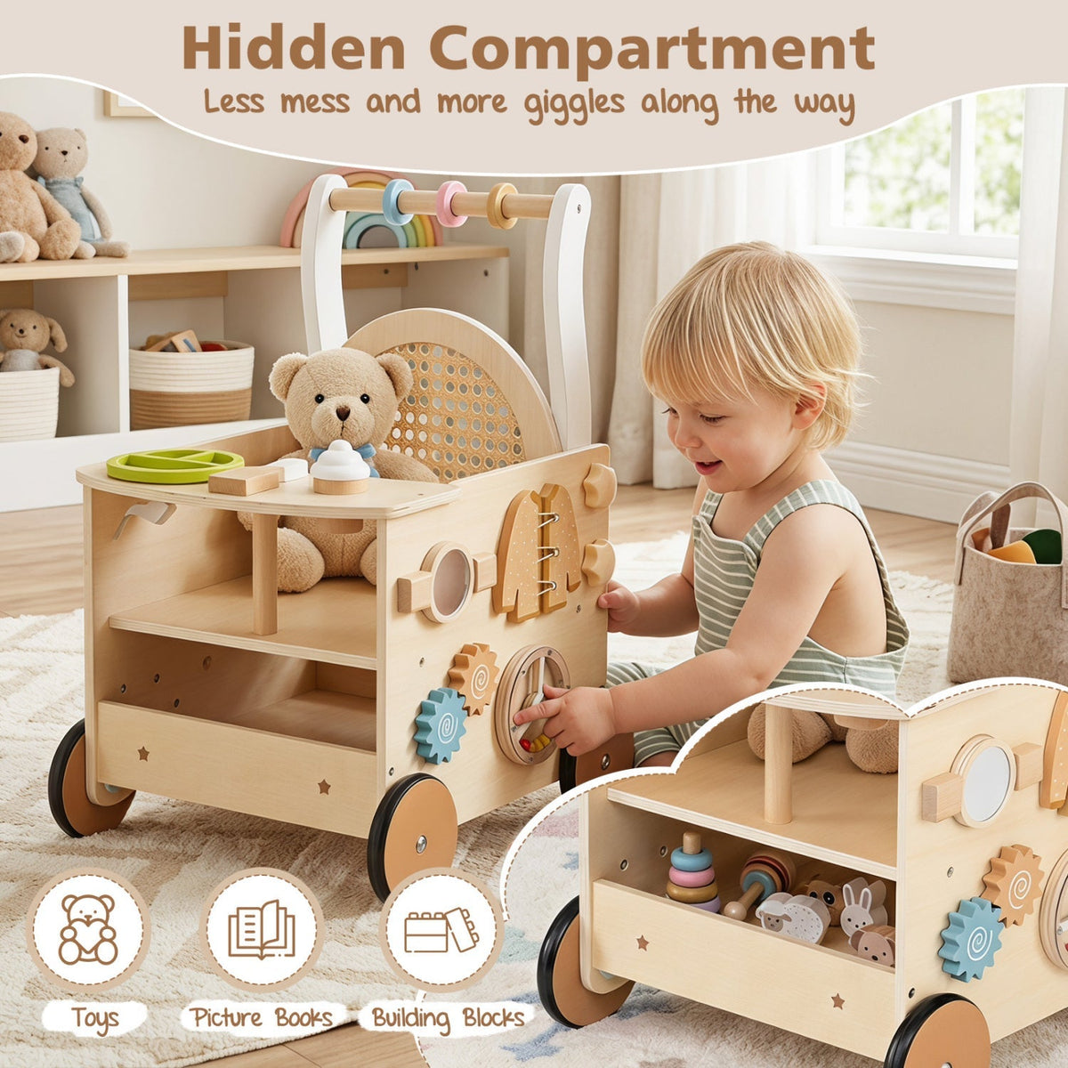 Wooden baby push walker with 13-in-1 activity center and storage, designed for toddlers by GBruno Store.