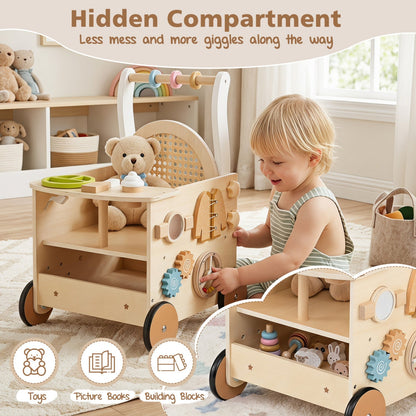 Wooden baby push walker with 13-in-1 activity center and storage, designed for toddlers by GBruno Store.