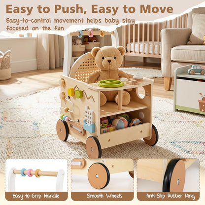 Wooden Baby Push Walker 13-in-1 activity center with storage, made of natural wood, designed for toddlers to promote walking and play.