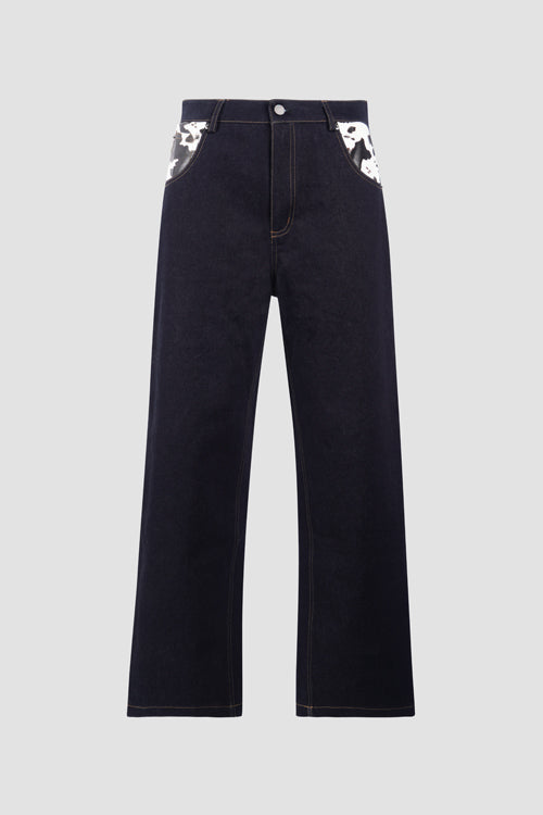 Hideout Cow Pocket Denim Jeans, stylish blue bottoms with cow print pocket detail, casual fit, perfect for everyday wear.