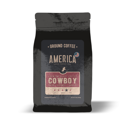 Ground Cowboy Blend coffee from America Supply Company LLC, featuring a rich, aromatic dark roast in a bag.