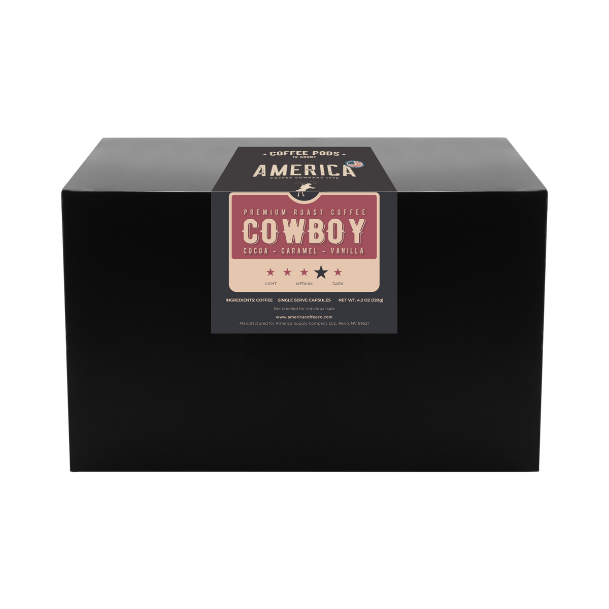 Box of Cowboy Blend coffee pods by America Supply Company LLC, featuring the coffee pod packaging with branding and product label.