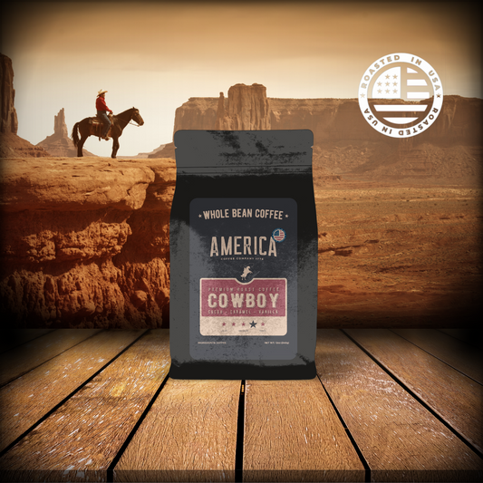 A bag of Cowboy Blend coffee from America Supply Company LLC with a rustic cowboy-themed label.