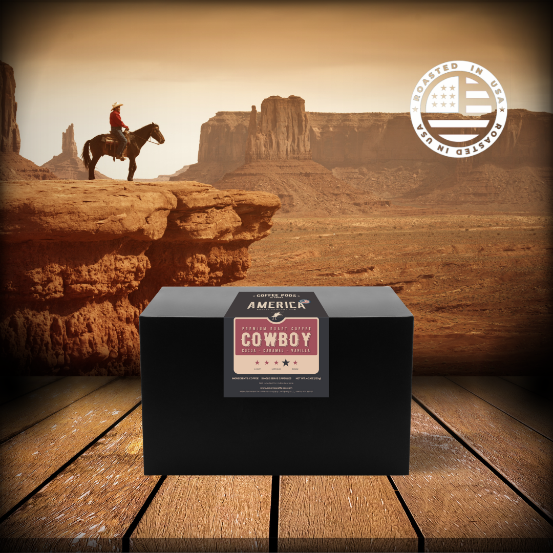 Ground Cowboy Blend coffee from America Supply Company LLC in a bag, featuring rustic cowboy-themed packaging.