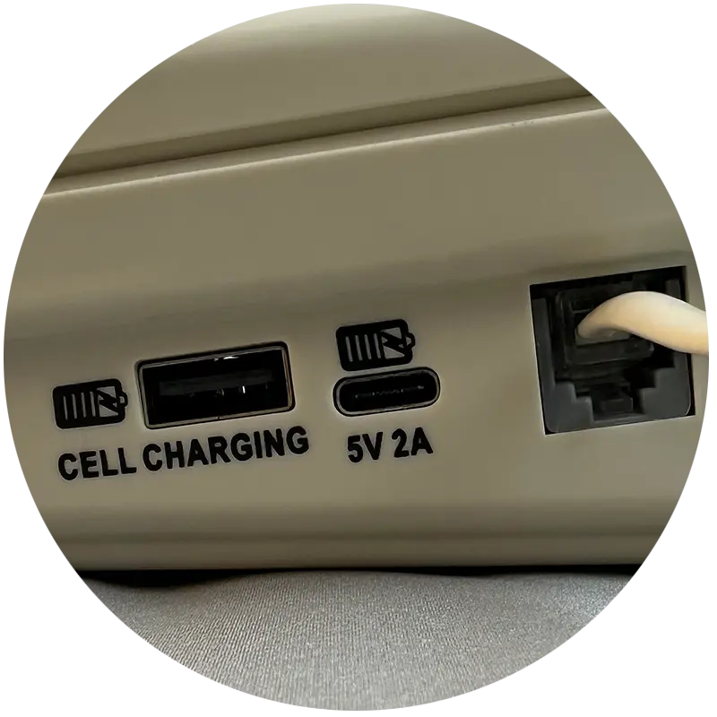 Cream MedPat Solutions D520U landline phone with USB-A and USB-C charging ports, featuring full console controls and call-out port.