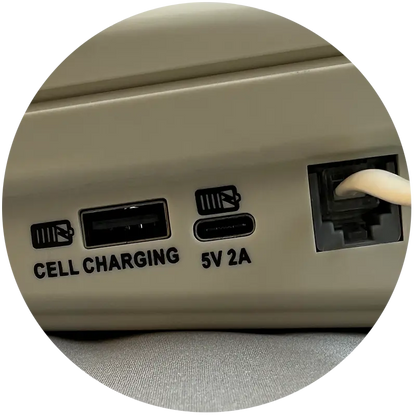 Cream MedPat Solutions D520U landline phone with USB-A and USB-C charging ports, featuring full console controls and call-out port.
