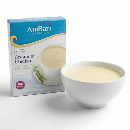 Cream of chicken soup by AmBari Nutrition, creamy and savory foods with a rich chicken flavor in a ready-to-eat bowl.