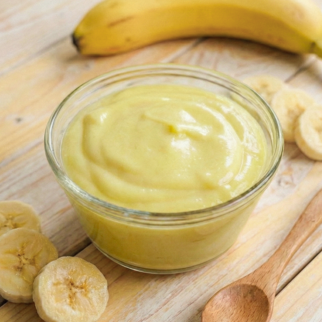 Creamy banana creme pudding by AmBari Nutrition, smooth and delicious banana-flavored protein dessert in a cup.