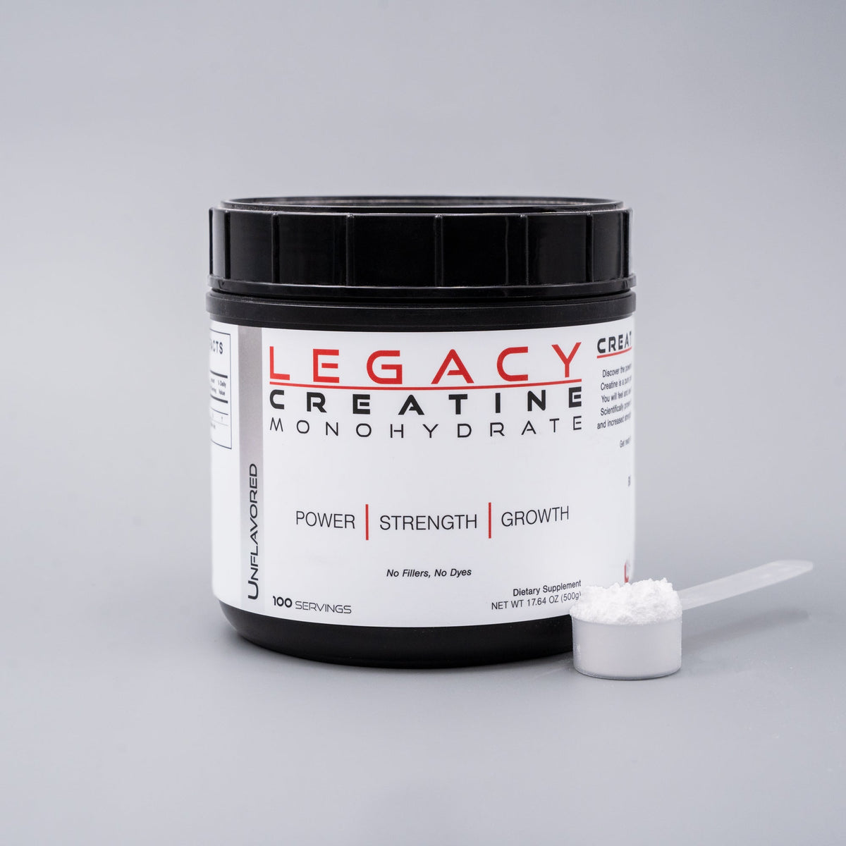 Legacy Creatine Monohydrate powder with scoop, 100 servings, pure creatine supplement for athletic performance and muscle support.