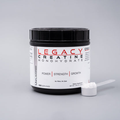 Legacy Creatine Monohydrate powder with scoop, 100 servings, pure creatine supplement for athletic performance and muscle support.