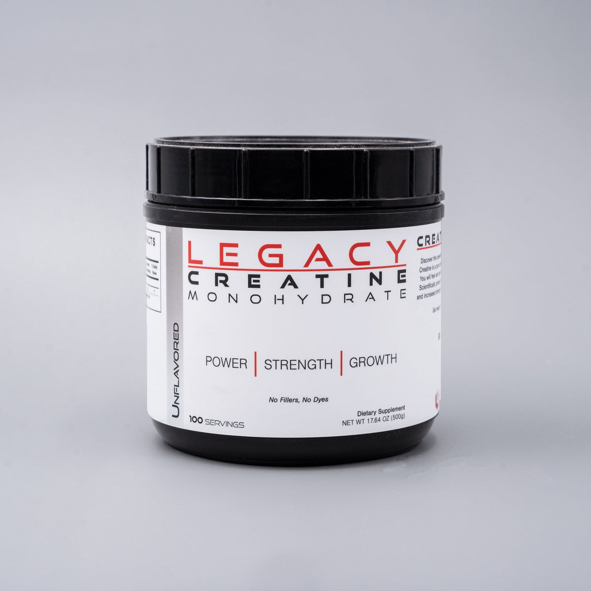 Container of Legacy Creatine Performance with 100 servings of pure creatine monohydrate supplement in a clear jar.