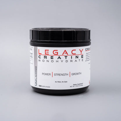 Container of Legacy Creatine Performance with 100 servings of pure creatine monohydrate supplement in a clear jar.