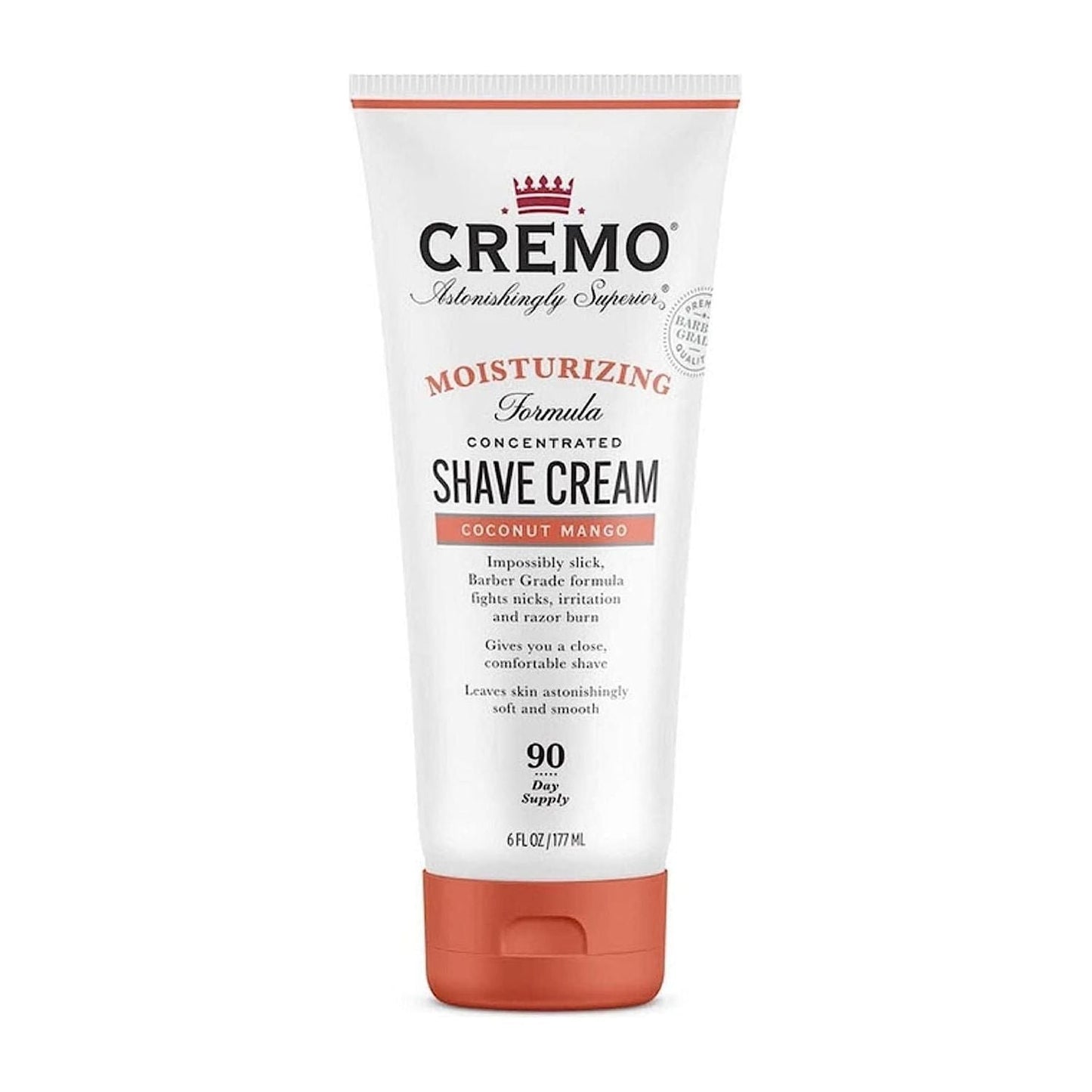 Cremo Moisturizing Shave Cream Coconut Mango in 6 oz tube, featuring a coconut mango scent, displayed on a bathroom counter.