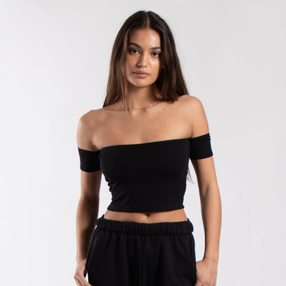 Women's off-shoulder cropped tee from POS Wholesale, stylish crop top with a relaxed fit and off-shoulder design.