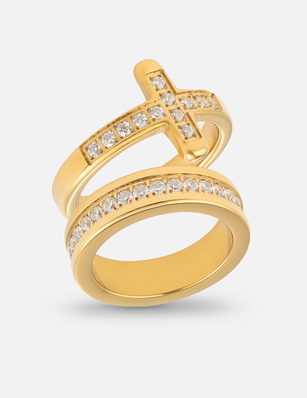 Elevated Faith Cross Eternity Gem Ring Set featuring multiple silver rings with cross and gemstone accents.