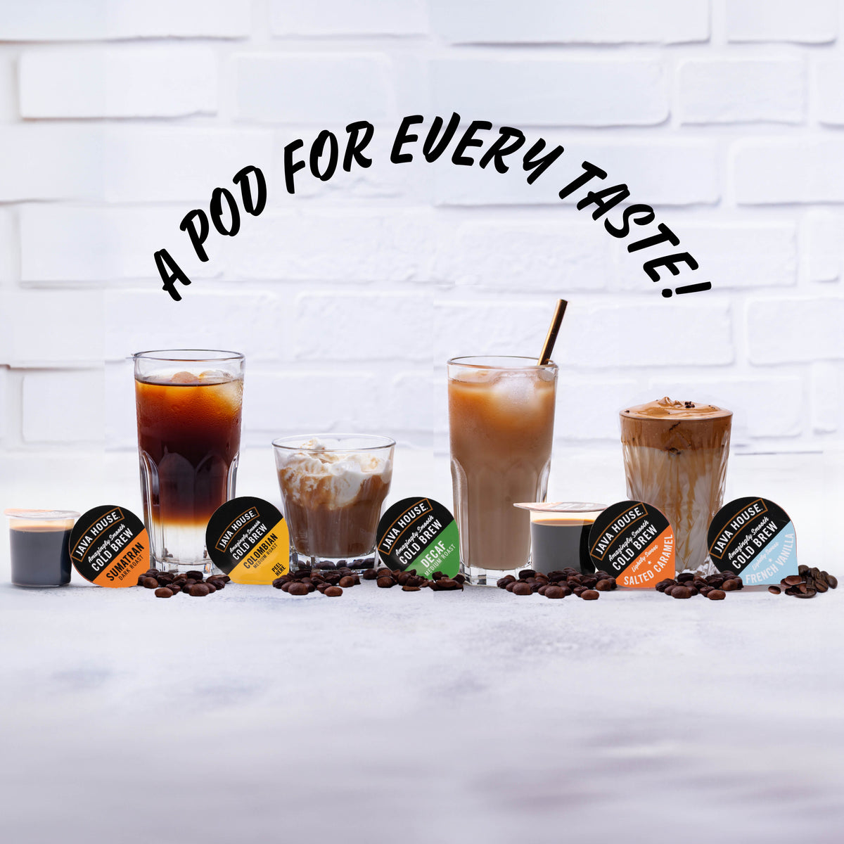 Java House Cold Brew Latte with salted caramel flavor in a clear glass, topped with whipped cream and caramel drizzle.