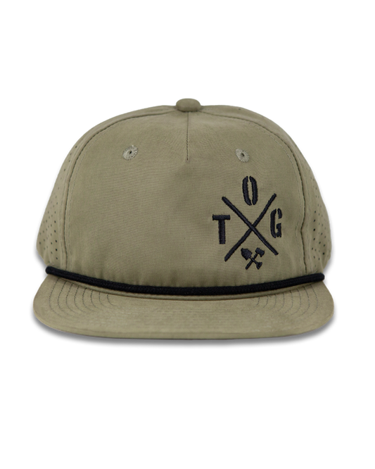Off The Grid Surplus Crossbar Hat in loden color, stylish outdoor hat with a wide brim and breathable fabric.