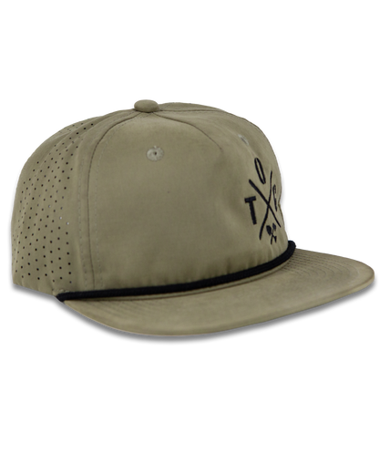 Off The Grid Surplus Crossbar hat in Loden, showcasing its sturdy brim and classic design in a natural outdoor style.