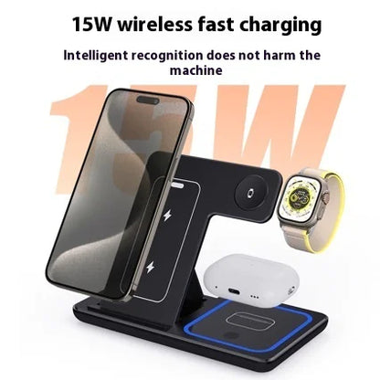 3 In 1 Wireless Charger Station – Fast Qi-Certified, Foldable Design with Magnetic Components