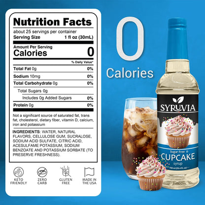 Bottle of Syruvia sugar-free cupcake syrup with a clear label, ideal for flavoring cupcakes and desserts