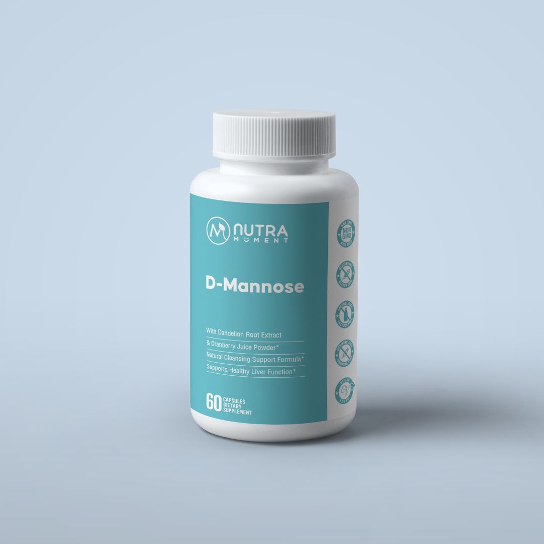 D-Mannose supplement bottles from Nutra Moment, part of the Health & Beauty product line, with labels and capsules visible.