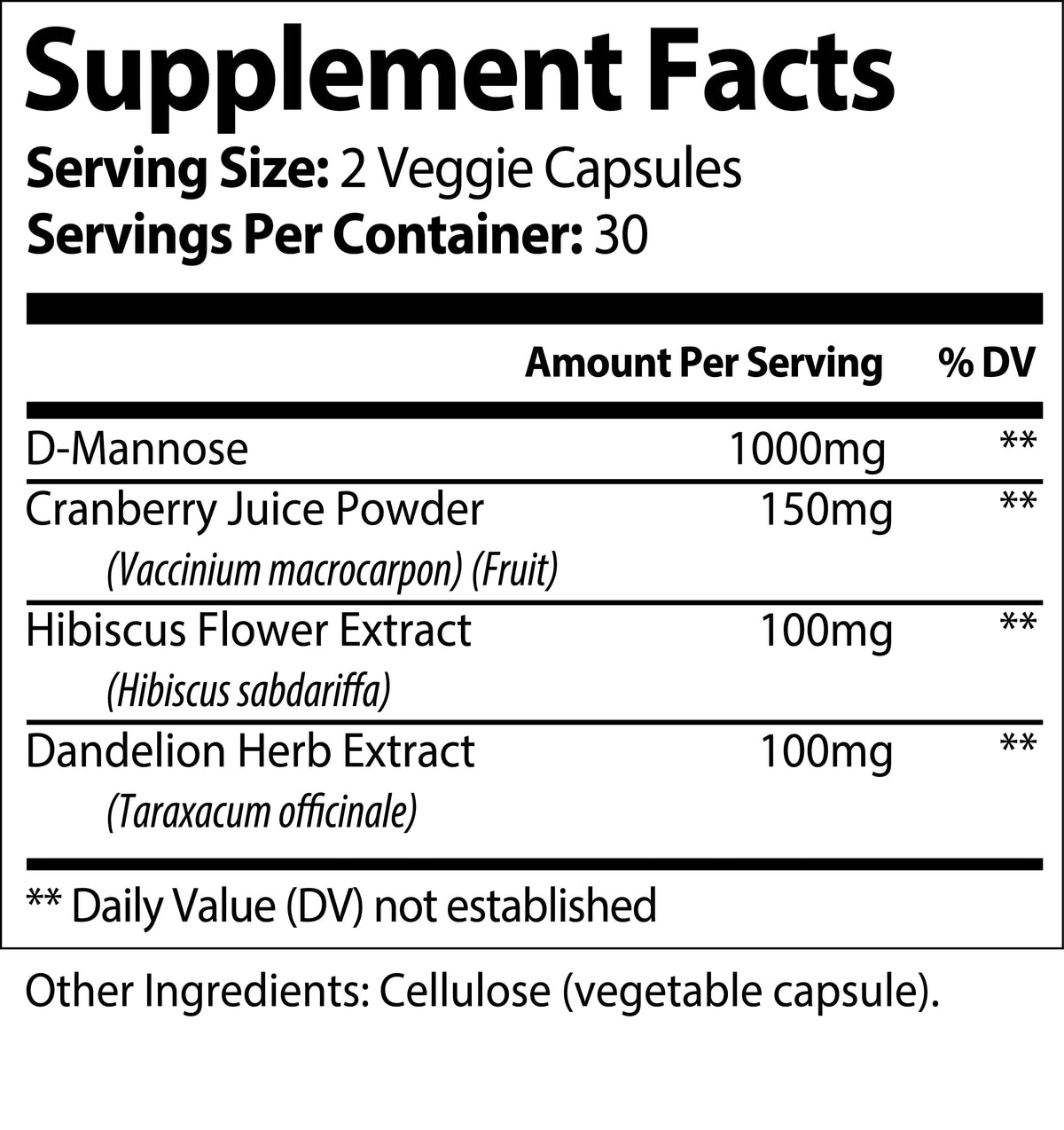 D-Mannose supplement facts label by Nutra Moment, showing nutrition details for health and beauty support.