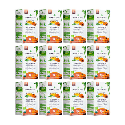 Organic Moringa Tea by Miracle Tree, caffeine-free herbal tea with pumpkin spice flavor, shown in a clear glass cup with tea leaves.